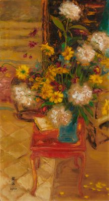 a painting of flowers in a vase on a red chair