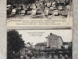 deux vieilles photos en noir et blanc d'un cimetière, avec un autre cimetière en arrière-plan