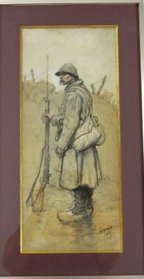 tableau représentant un soldat muni d'un fusil et d'un chien dans l'eau