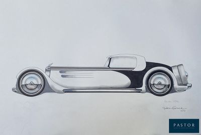 drawing of a vintage car in black and white on a white background