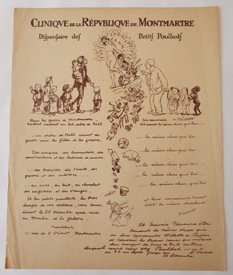 a sheet of paper with a drawing of people and animals on it