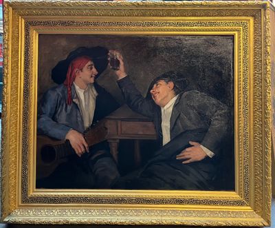 a painting of two men sitting at a table
