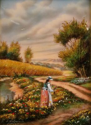 une peinture à l'huile représentant une femme marchant sur un chemin de terre près d'une rivière