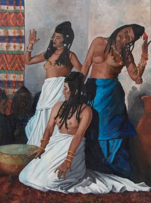 une peinture représentant un groupe de personnes dans une pièce