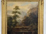 une peinture à l'huile représentant un paysage avec une rivière au premier plan