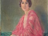 tableau représentant une femme en robe rose assise sur un canapé bleu