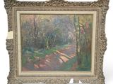 an oil painting of a path in a wooded area with trees