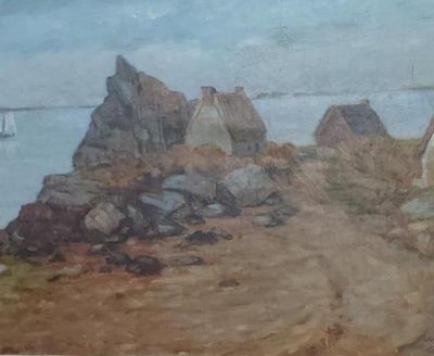 a painting of a boat on the water near some rocks