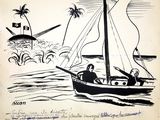 drawing of a man in a boat on a body of water with a lighthouse in the background