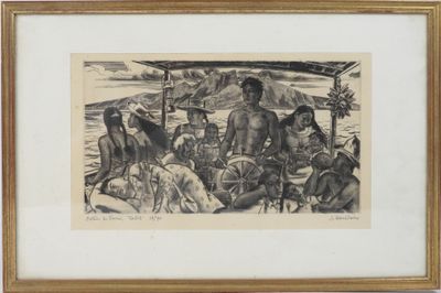 painting of a group of men on a boat with a dog
