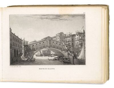an old book with a drawing of a bridge over a river
