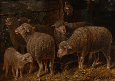 tableau représentant un troupeau de moutons dans une grange, avec un agneau au premier plan