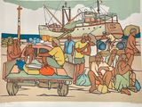 painting of a group of people standing around a boat in the water