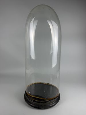 a clear glass dome with a wooden base on a white background