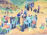 un tableau représentant un groupe de personnes debout dans un champ