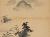 an image of a painting of mountains and trees in the snow