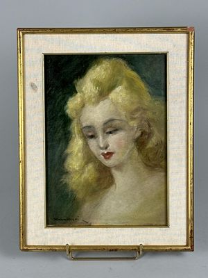 un tableau représentant une femme aux cheveux blonds, dans un cadre doré