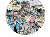 cartoon drawing of a group of men standing in front of a barn