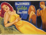 une vieille affiche de cinéma représentant une femme en robe jaune et un homme en costume