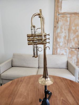a brass trumpet on a wooden table in a living room