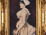 painting of a woman in a white dress with a white hat