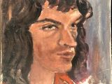 painting of a man with long hair in a red shirt