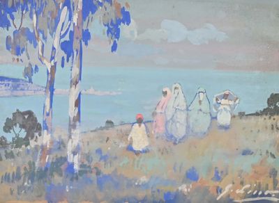 a painting of a group of people sitting on a hill