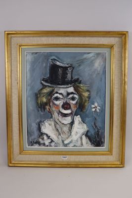 painting of a clown in a top hat with a flower in his hand