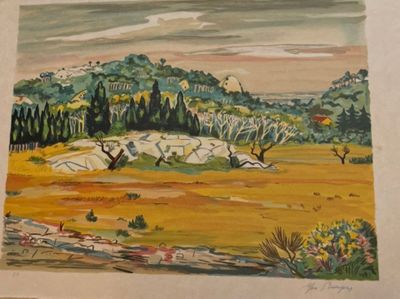 a picture of a painting of a field with trees in the background