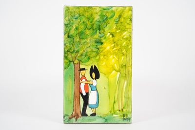 a painting of a woman and a man standing next to a tree