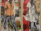 two paintings of men walking down a street in front of a red fire hydrant
