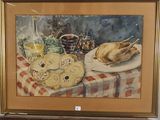une photo d'un tableau représentant une dinde posée sur une table