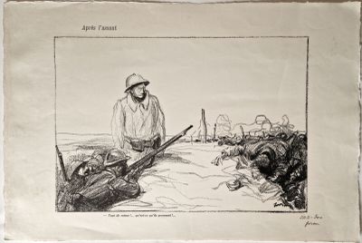 dessin représentant un homme armé d'un fusil et un chien dans un champ