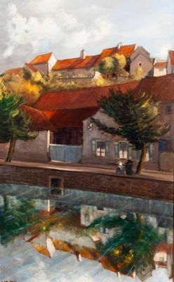 a painting of a river with buildings in the background