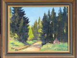 an oil painting of a path through a forest with trees in the background