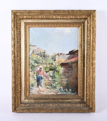 an oil painting of a woman watering flowers in a garden