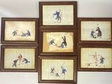several framed pictures of people playing with a dog and a cat