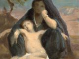 an image of a painting of a woman sitting on the ground next to a baby