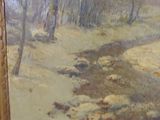 an oil painting of a snowy landscape with a stream in the foreground