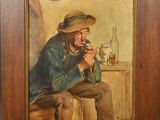 painting of a man sitting on a chair with a glass of wine in his hand