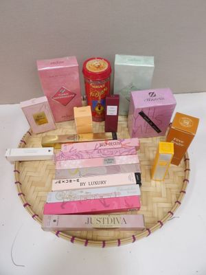 many different types of beauty products on a wicker tray