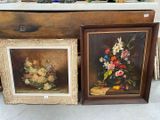 two paintings of flowers in a vase on a table