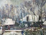 peinture représentant un paysage enneigé avec une maison et des arbres en arrière-plan