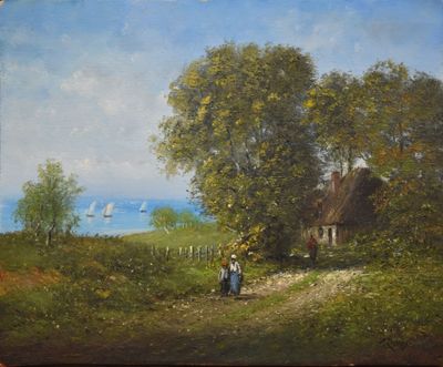 une peinture à l'huile représentant une femme marchant sur un chemin de terre près d'une maison