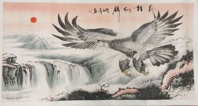 painting of an eagle flying over a waterfall with a bird in it ' s talon
