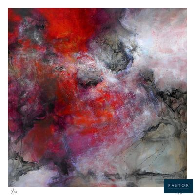an abstract painting of a red and black painting with a white background