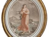 une vieille photo représentant une femme en robe rose, debout sur un rocher