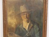 painting of a man in a hat with a pipe in his mouth