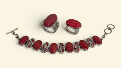 red coral and sterling silver jewelry set
