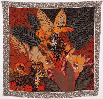an image of a tapestry with a leopard and flowers on it